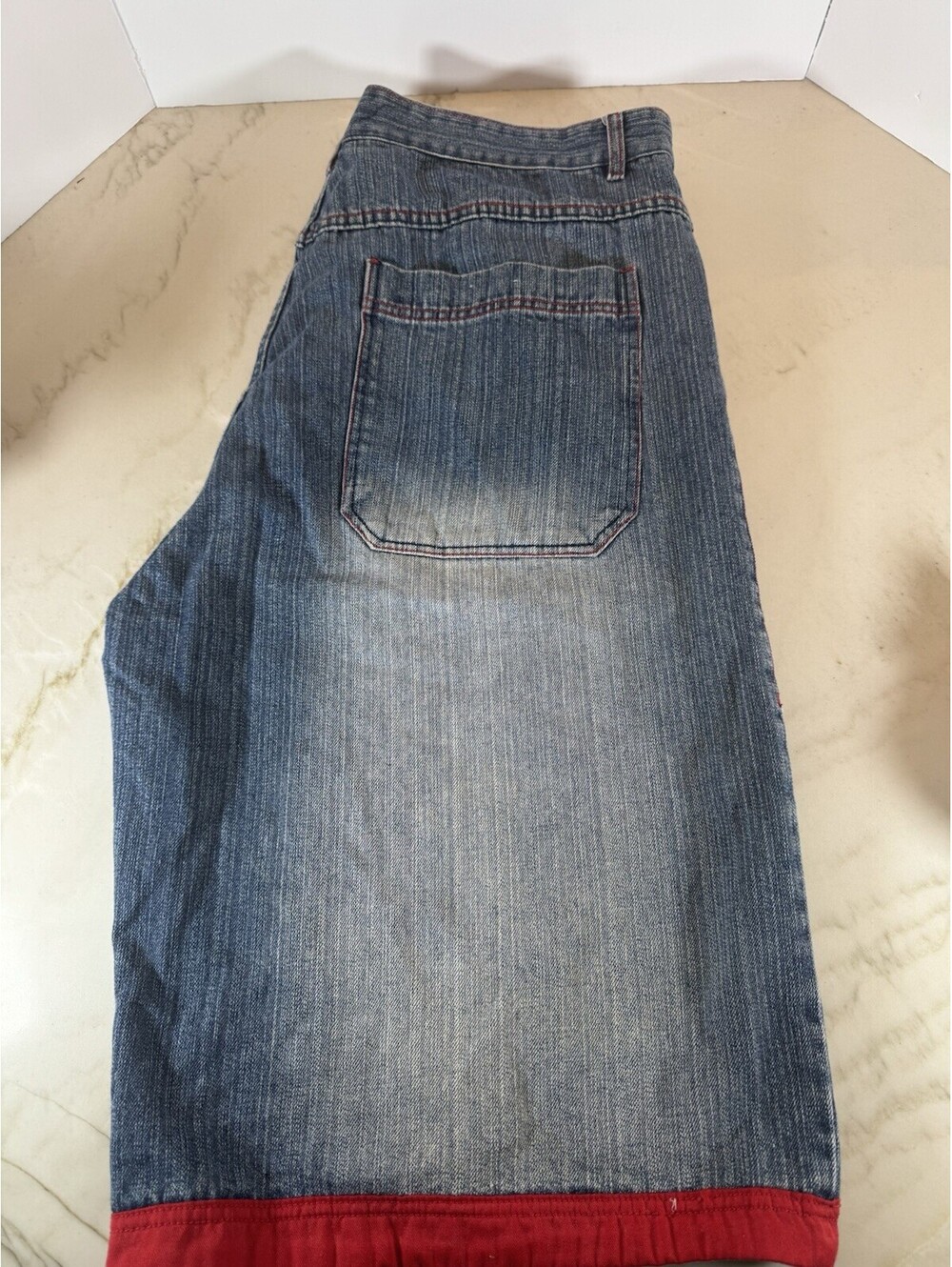 Godbody Denim Shorts Mens 40 Baggy Y2K Hip Hop Red Stitch